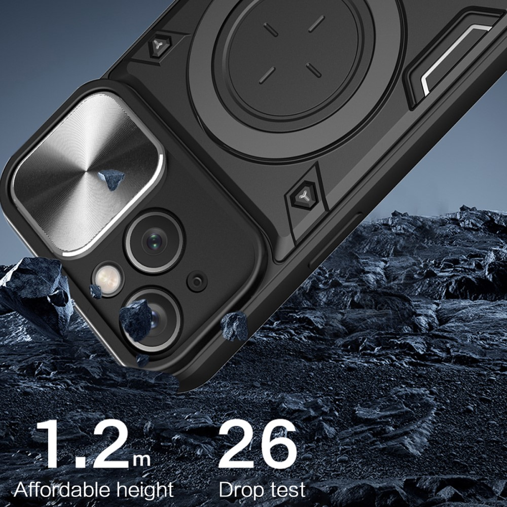 iPhone 15 Hybrid Outdoor Hardcase Hülle mit Cam-Slider   Magnetischer Kickstand - Schwarz