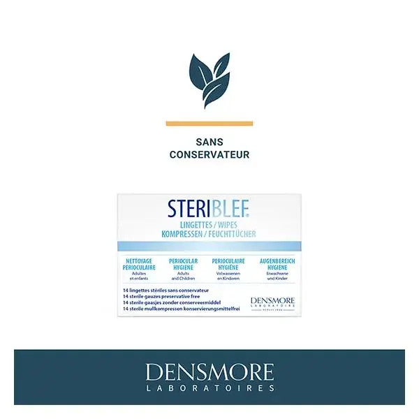 Lenços umedecidos Densmore Stériblef para higiene periocular, infecção, alergia - 14 unidades
