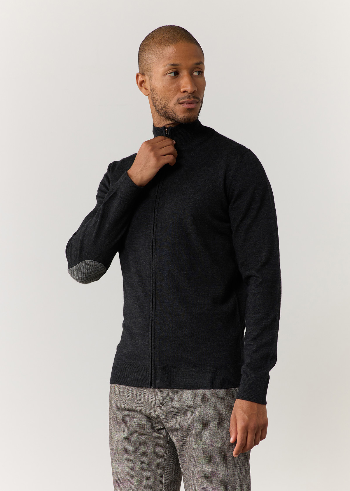 Gilet zippé en laine Mérinos mélangée unie anthracite