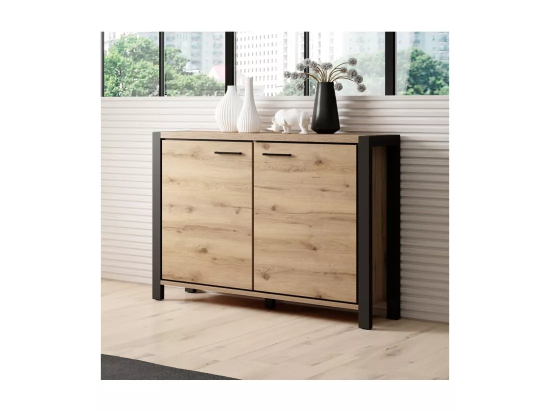 Buffet petit modèle 110cm collection BOWIE avec 2 portes coloris chêne et noir.