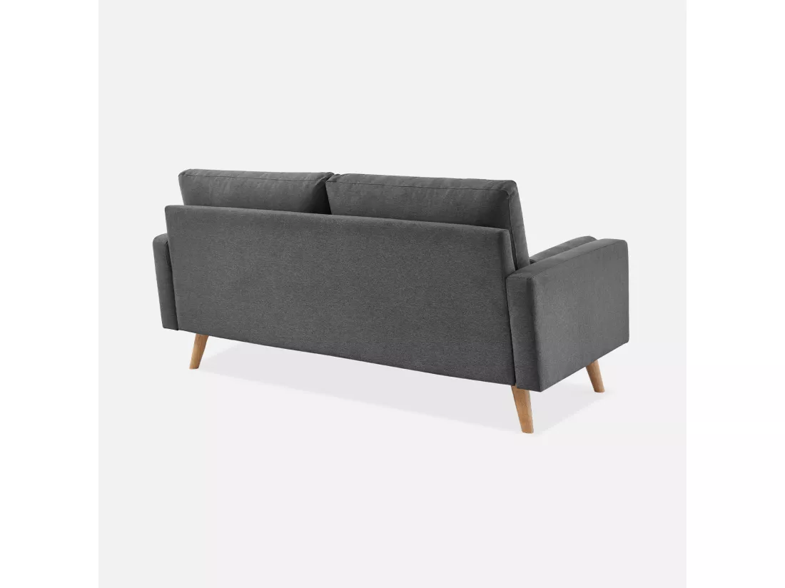 Canapé en tissu gris foncé. 3 places scandinave fixe. droit. pieds bois