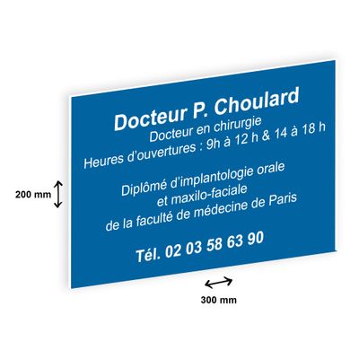 Plaque professionnelle personnalisée avec votre texte - 300 x 200 mm - Epaisseur 3,2 mm - bleue - adhésivée prête à poser