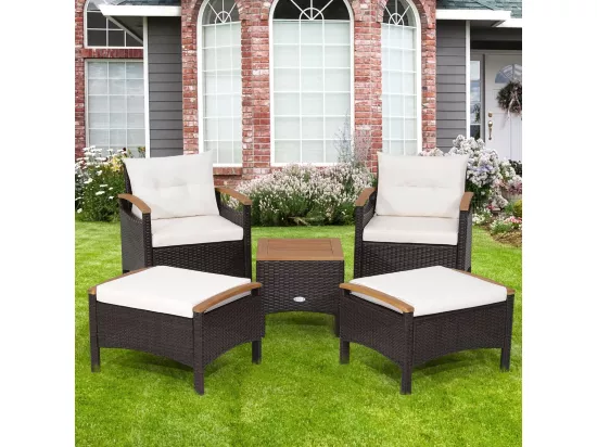 Salon de Jarin 5 Pcs en Plastique et vinyle Anti-UV, 2-4 Personnes avec Coussins, 2 Fauteuils, 2 Tabourets et 1 Table Basses, Marron