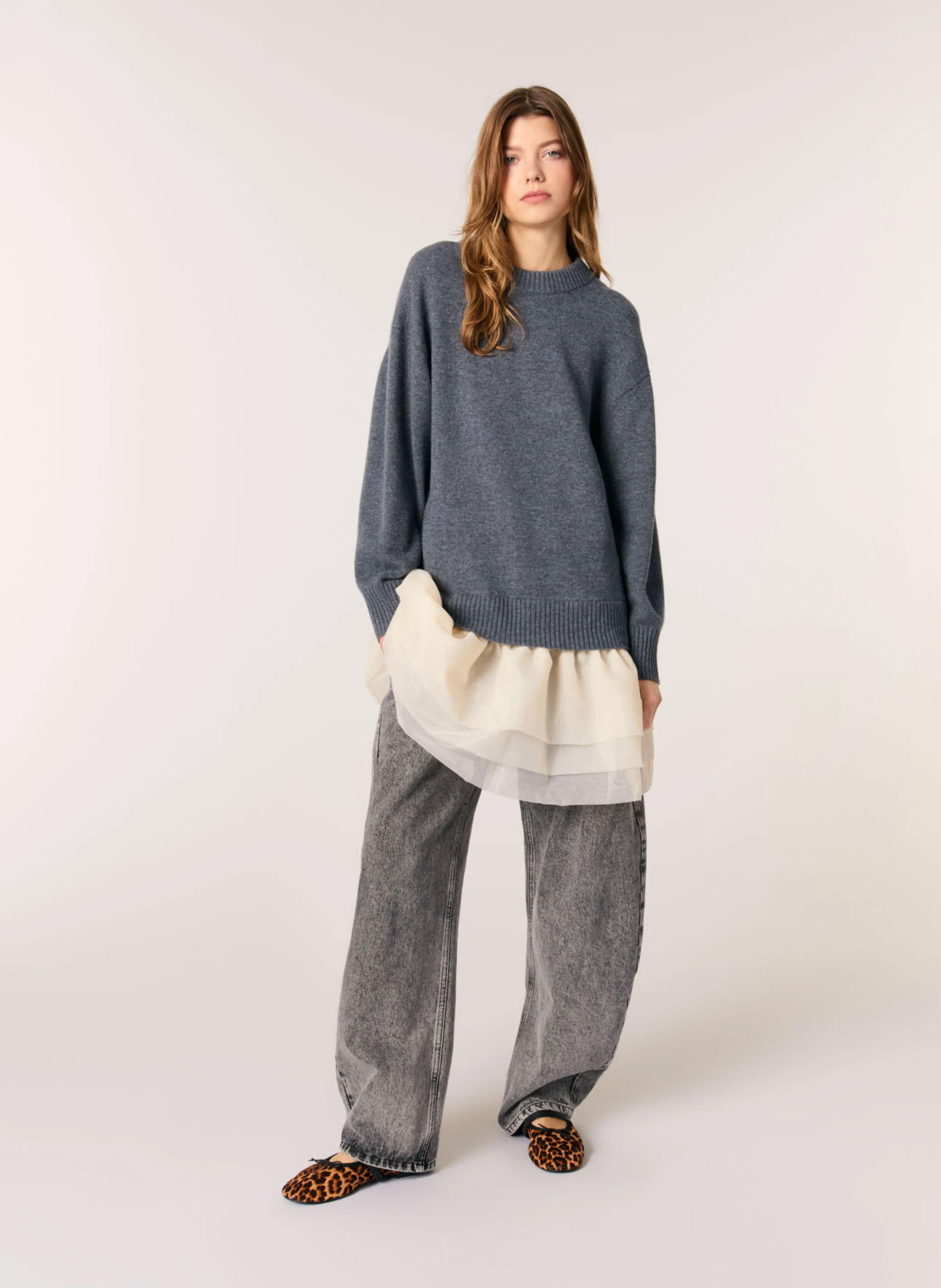 Robe courte col rond en laine mélangée | Gris