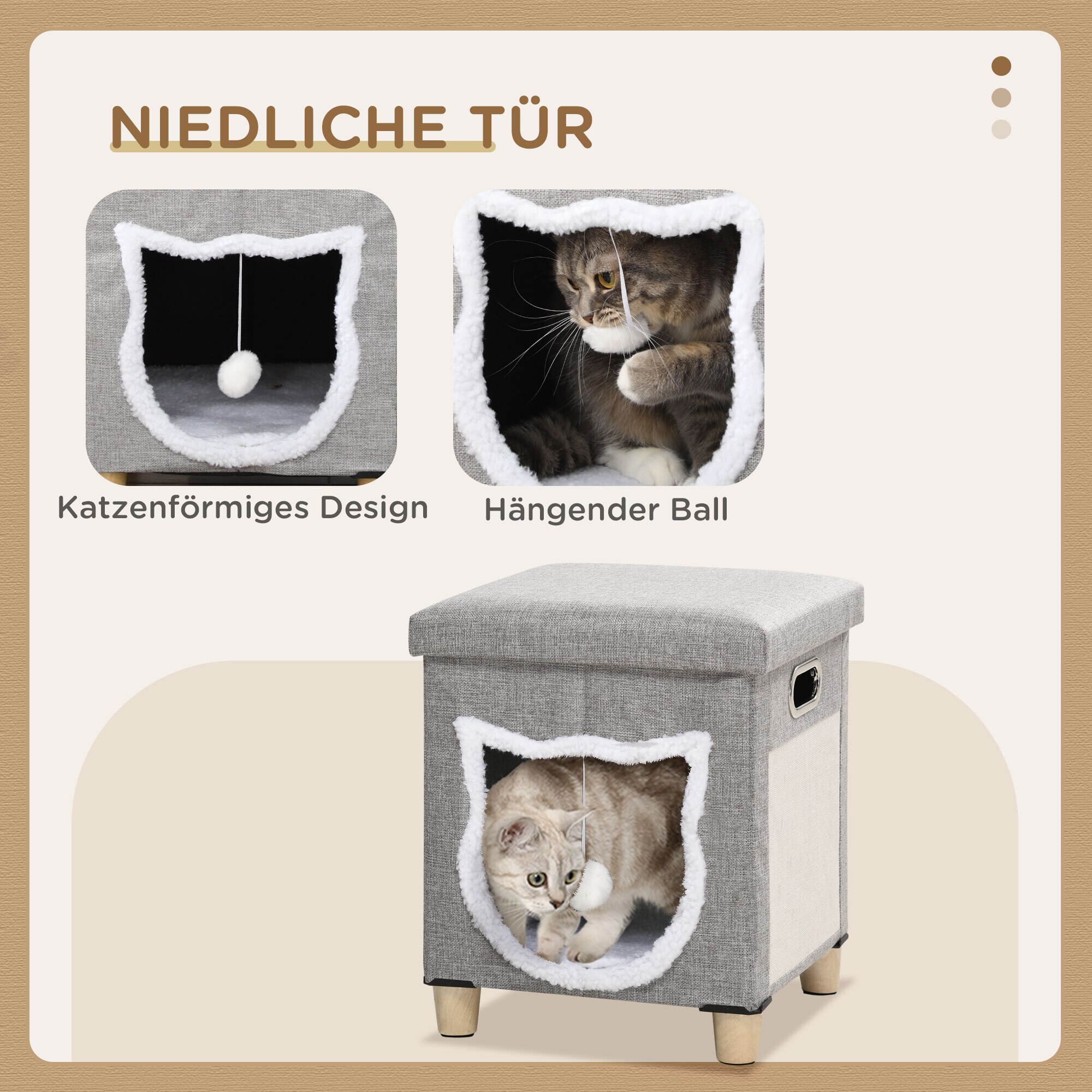 PawHut Katzenhaus mit Kissen und Spielball grau 35,5L x 35,5B x 42,5H cm