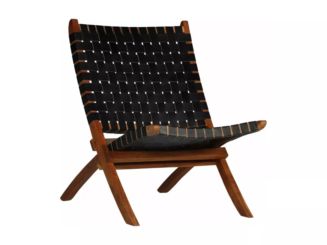 Chaise pliable bandes croisées noir cuir véritable
