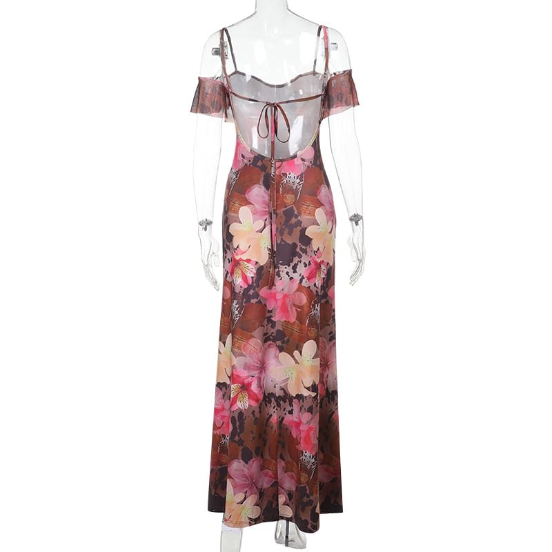 Alizio - Maxi-jurk met korte mouwen, blote schouders, bloemenprint, ruches en strikbandjes op de rug