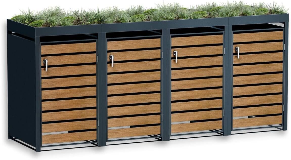 Metzler Mülltonnenbox 4er 240L in Anthrazit & Holzoptik mit Pflanzdach & Sichtstreifen, Mülltonnenverkleidung 4 Tonnen mit Automatikdeckel, Müllbox mit pulverbeschichtetem Stahl rostfrei, abschließbar