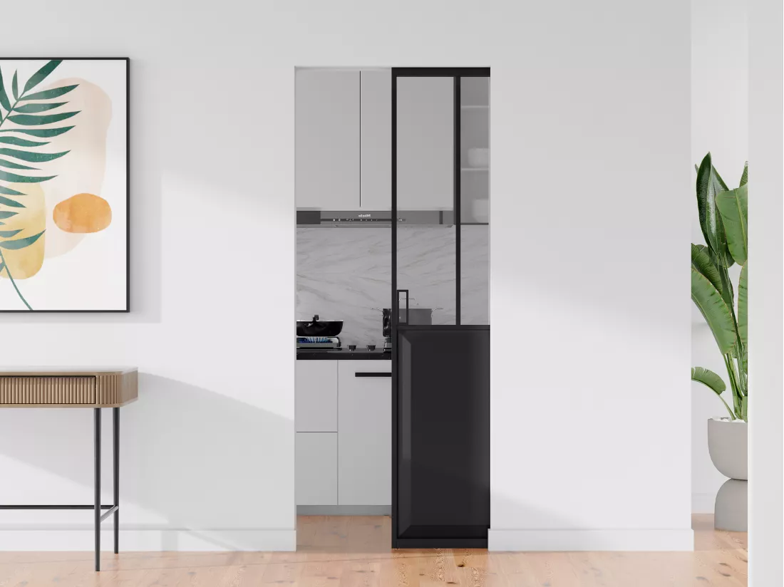 Porte coulissante atelier avec système à galandage - Noir et verre trempé - H205 x L73 cm - ARTISTO II