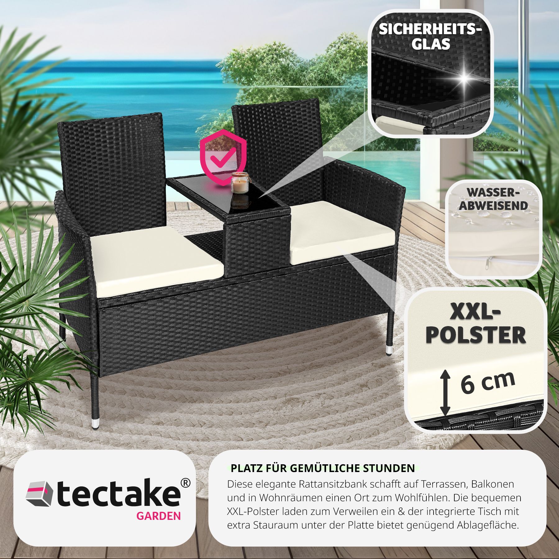 tectake® Rattan Gartensitzbank, 2-Sitzer, UV-beständig, 131 x 59 x 82 cm