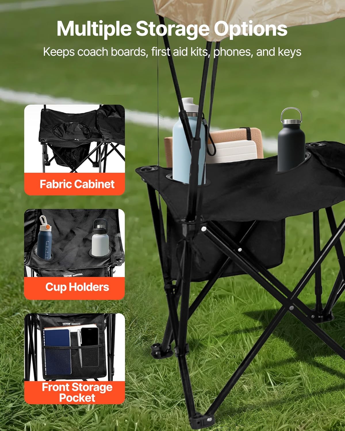 VEVOR tragbare Mannschaftsbank Sitzbank Campingbank (6 Personen) mit Seitentaschen & Tragetasche & Sonnenschutzdach, Klappbank mit Rückenlehne, Seitenbank für Fußball Baseball Outdoor Schwarz