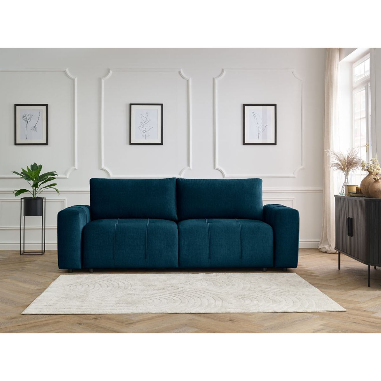 Bobochic Canapé droit convertible en Velours 3 places Arsène avec coffre bleu - 248x105x90 cm