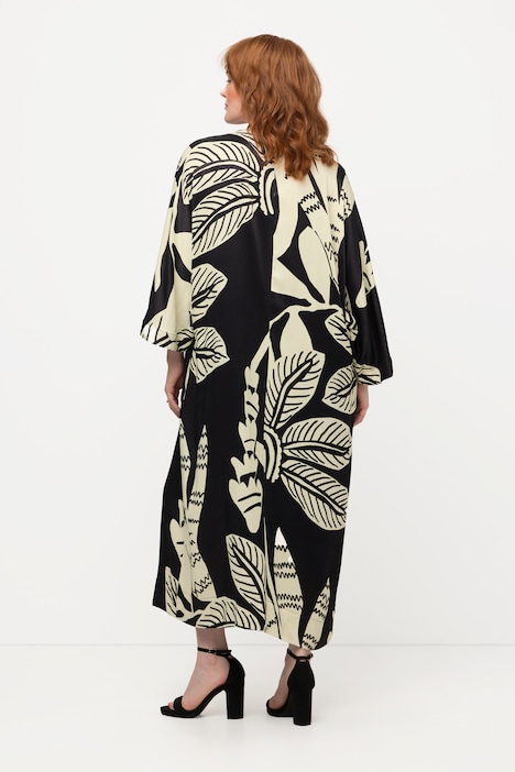 Midikleid, Palmen, Drapierung, V-Ausschnitt, Halbarm