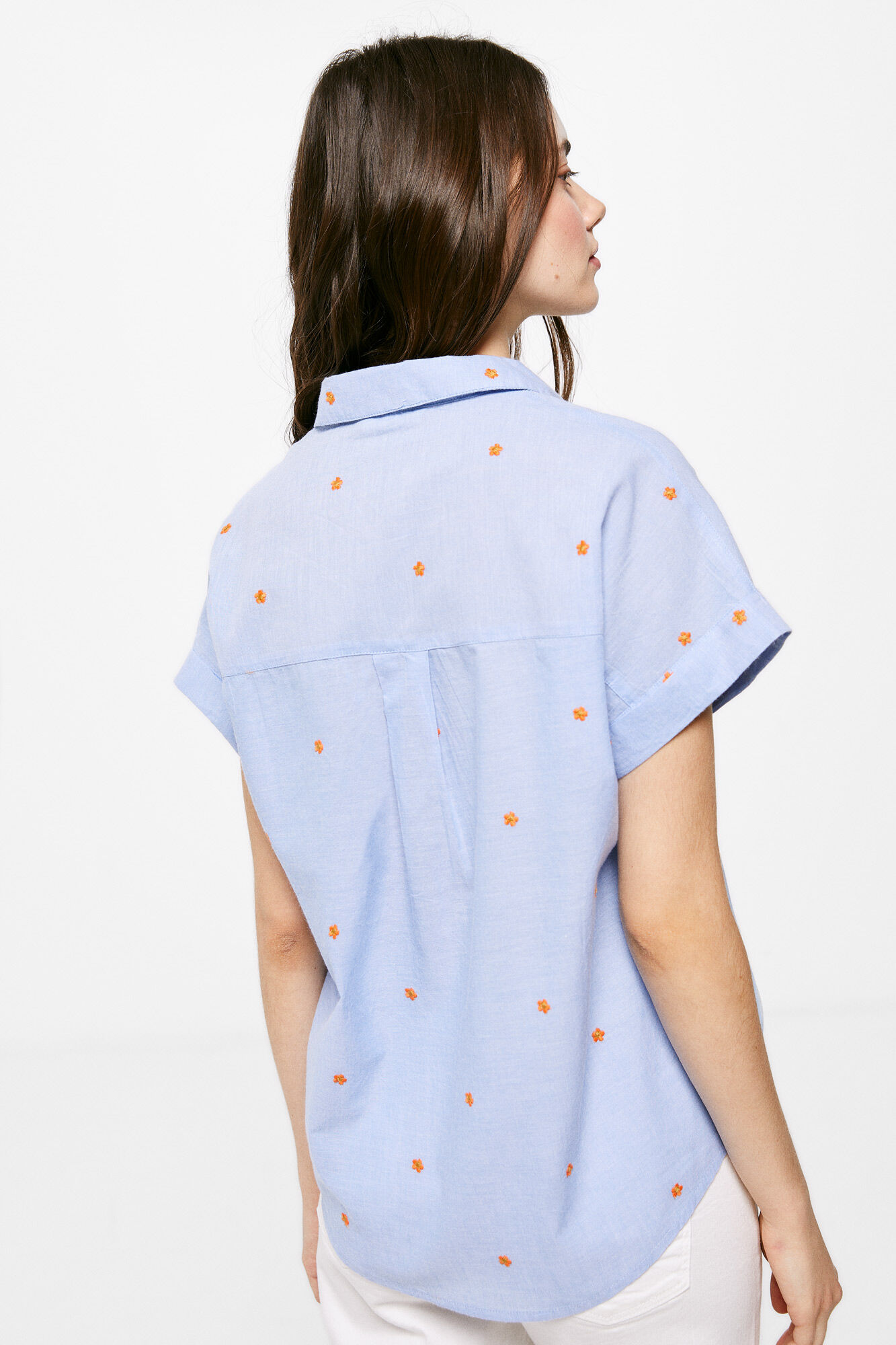 Blusa de algodão chambray bordada - Azul médio