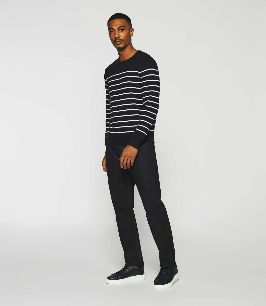Pull marinière col rond en coton cachemire marine et écru DAYMON