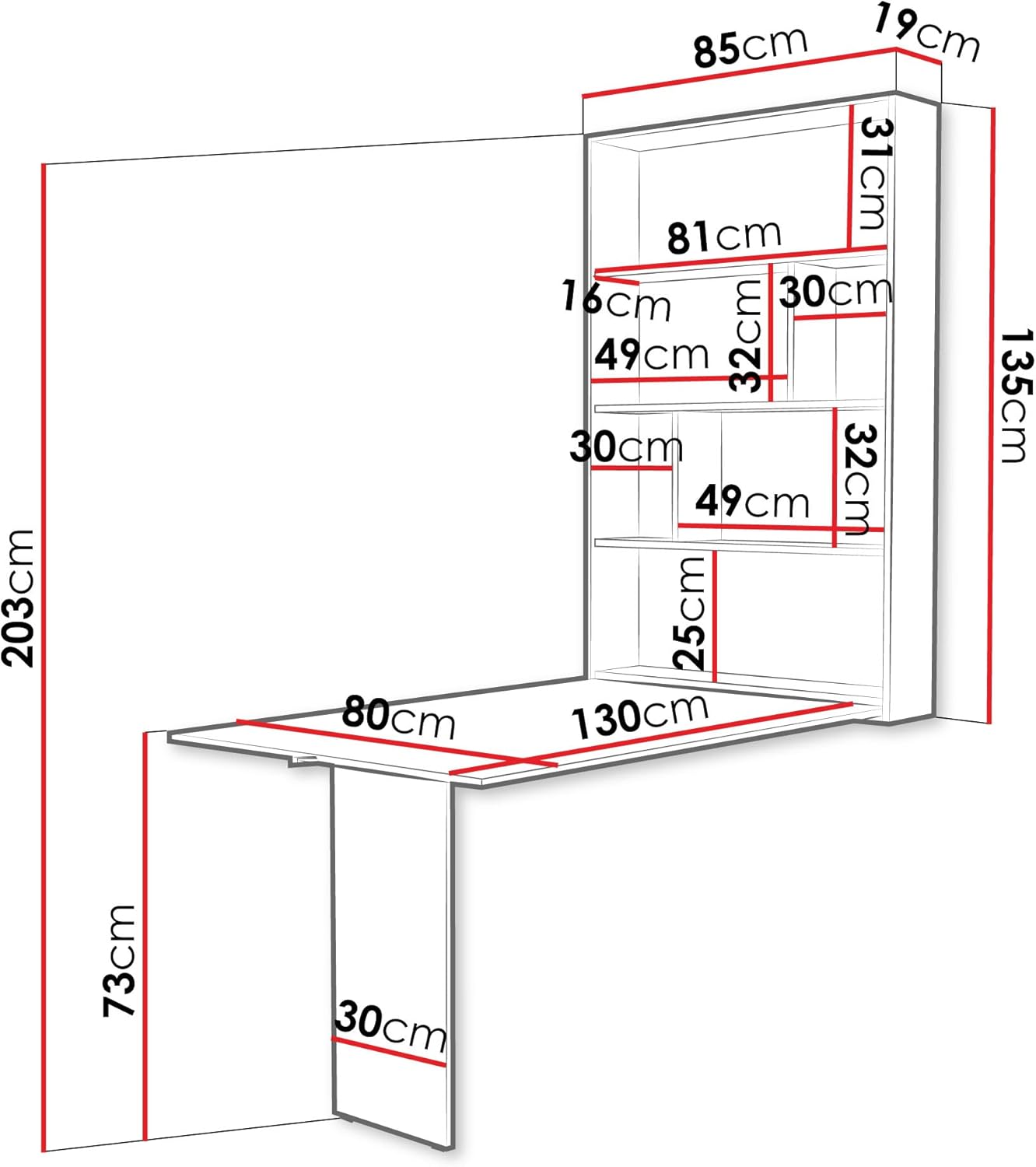 Mirjan24 Wandtisch Albi, Wandklapptisch mit 2 Regalen, V-Tisch, Esstisch, Tisch ideal für Esszimmer, Küche, Klapptisch, Bartisch (Weiß)