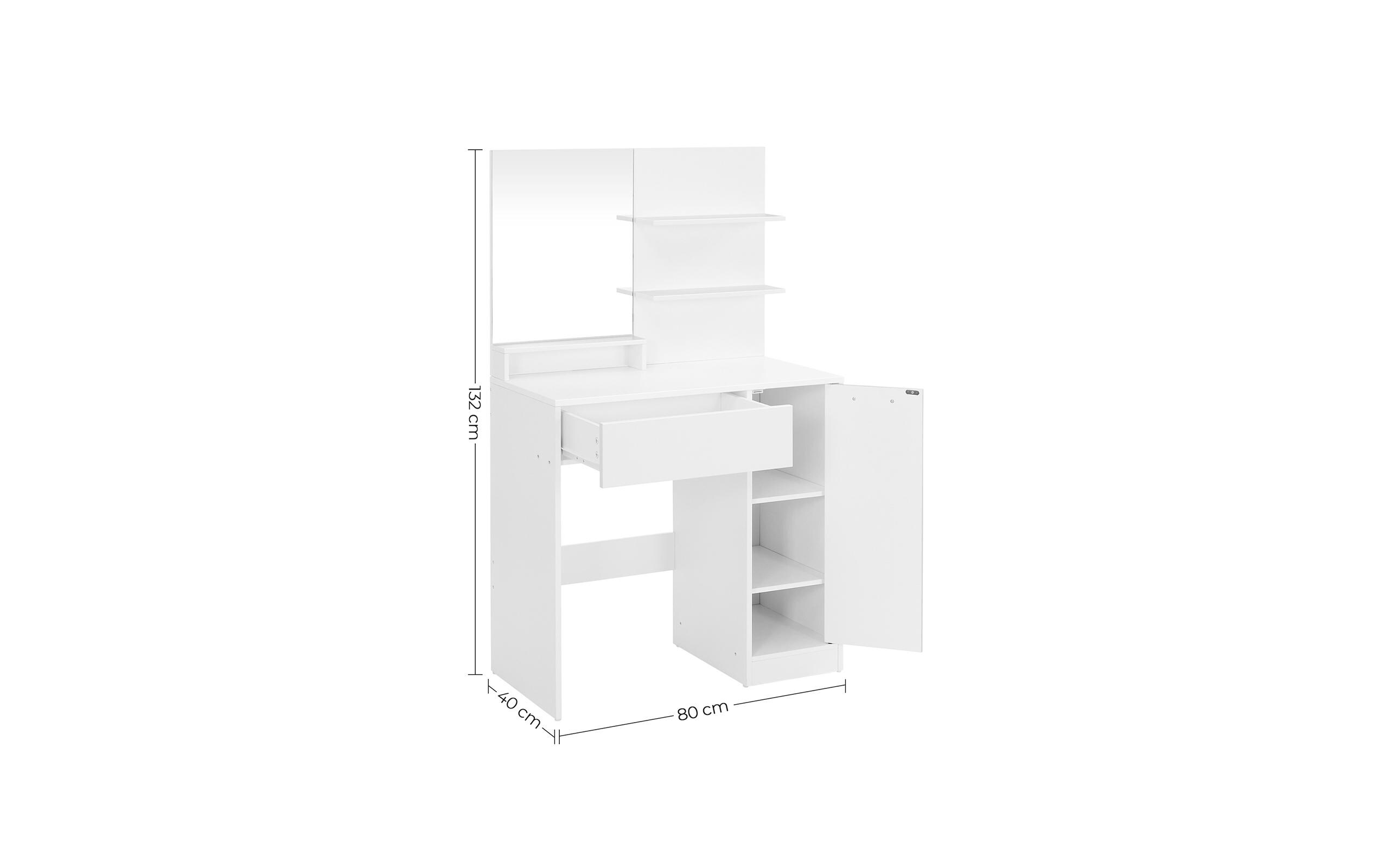 Schminktisch 80 x 40 x 132 cm, Weiss<br>Schminktisch mit Ablagen, Schublade und Spiegel
