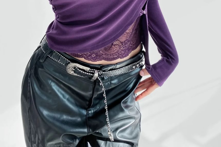 Asiris - Slim-fit crop top met lange mouwen, strikaccent en effen kantpaneel