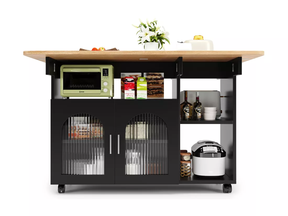 Ilot central de cuisine mobile avec 2 portes et étagères ouvertes - Plateau extensible - 120x30(70)x79.5cm - Bois MDF - Noir et naturel
