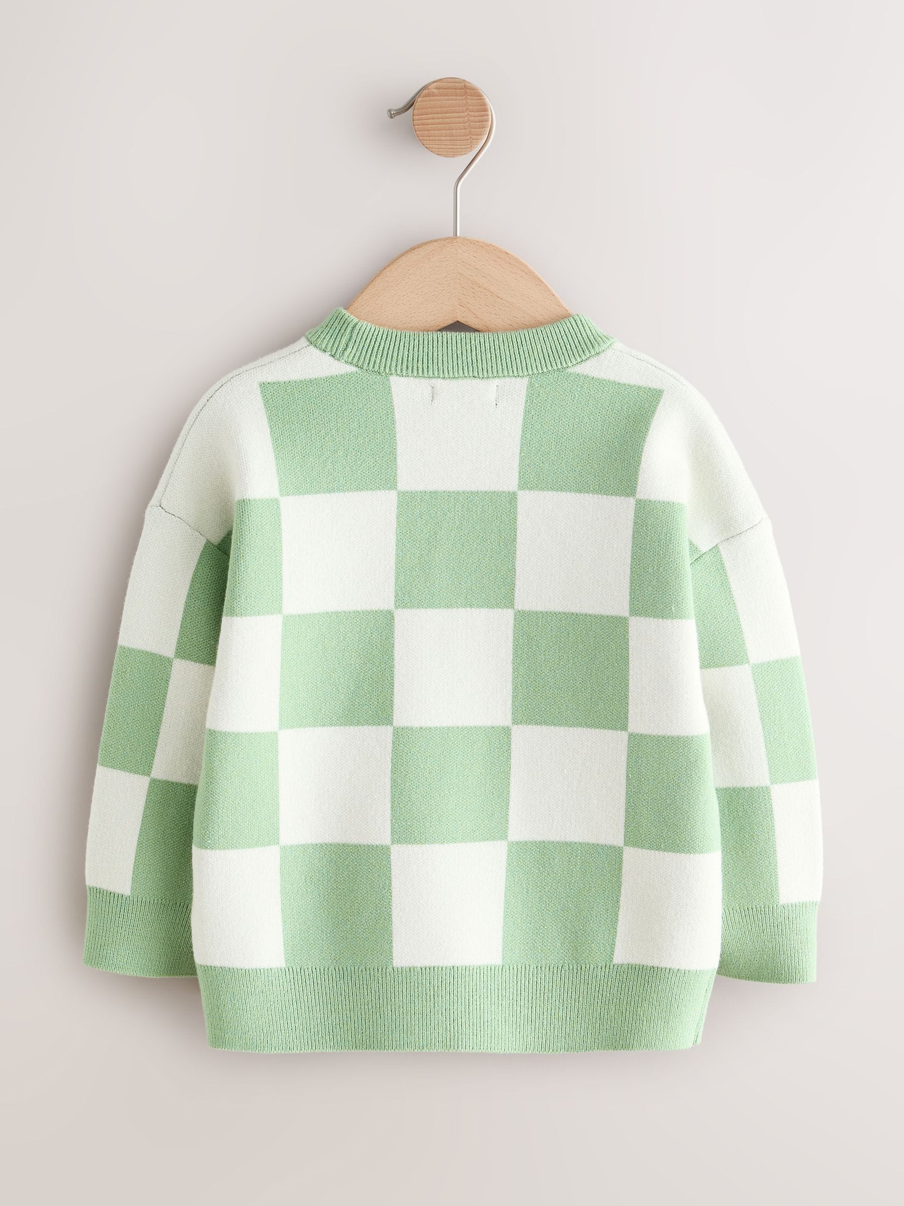 Groen met dambordprint - Gebreide trui met ronde hals (3 mnd - 7 jr)