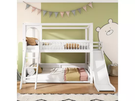 Lits pour enfants superposés 2 x 90 x 200 cm - lit cabane avec toboggan - Pin - charge max 150kg - Blanc