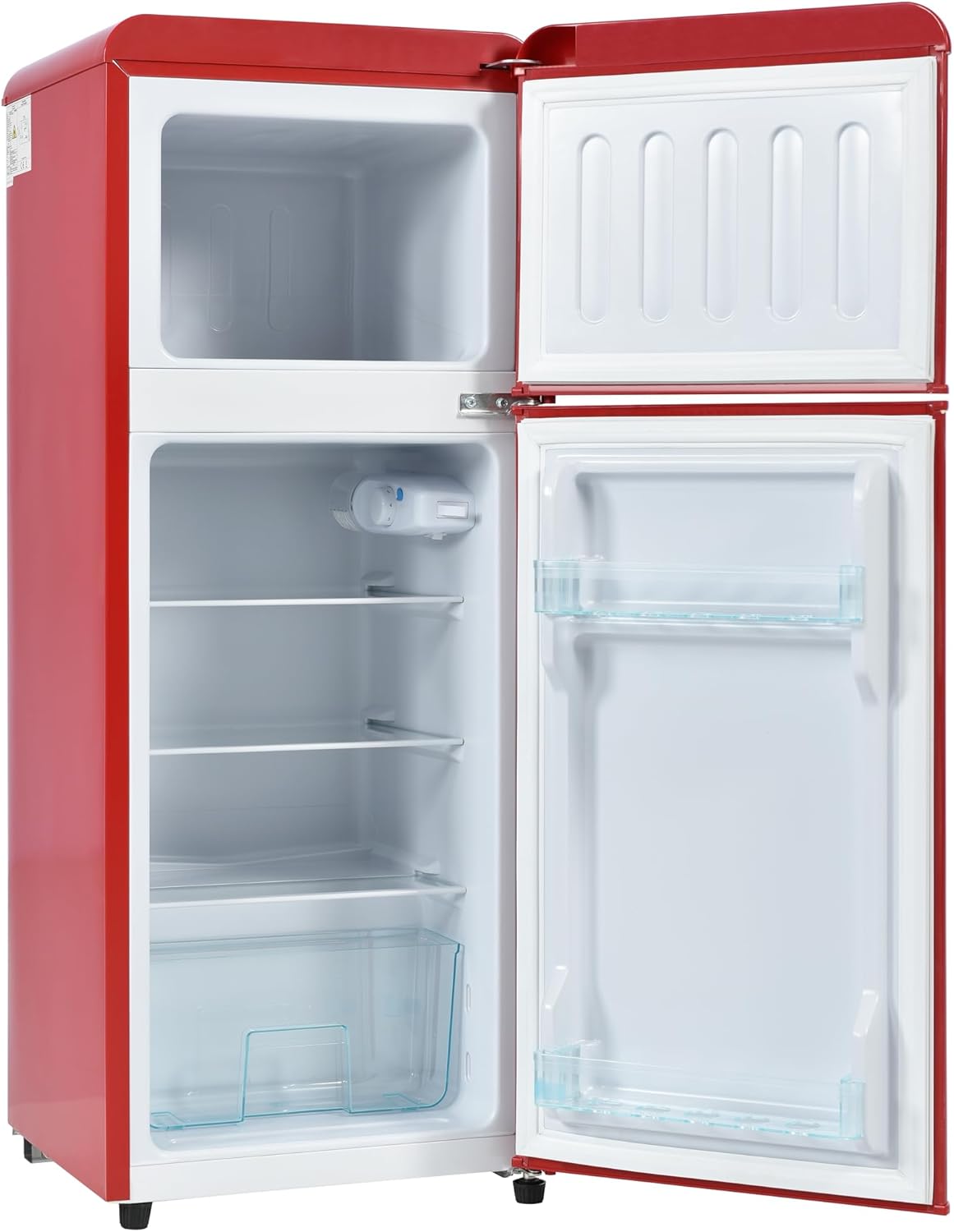 Merax Retro Kühlschrank, 105.5 cm, Kühl-Gefrier-Kombination 92L, 28L Gefrierfach, Doppeltür Design, Energieeffizienzklasse D, 116 kWh/Jahr, 7 Temperaturstufen, LED-Beleuchtung, Kompakt, Rot