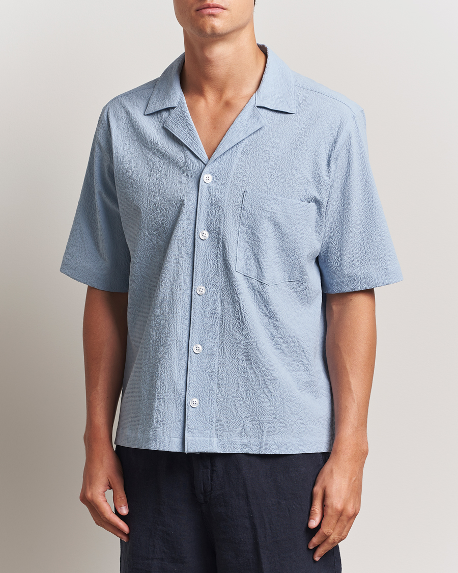 Oscar Jacobson Reg Fit Cuba Seersucker Shirt Light Blue