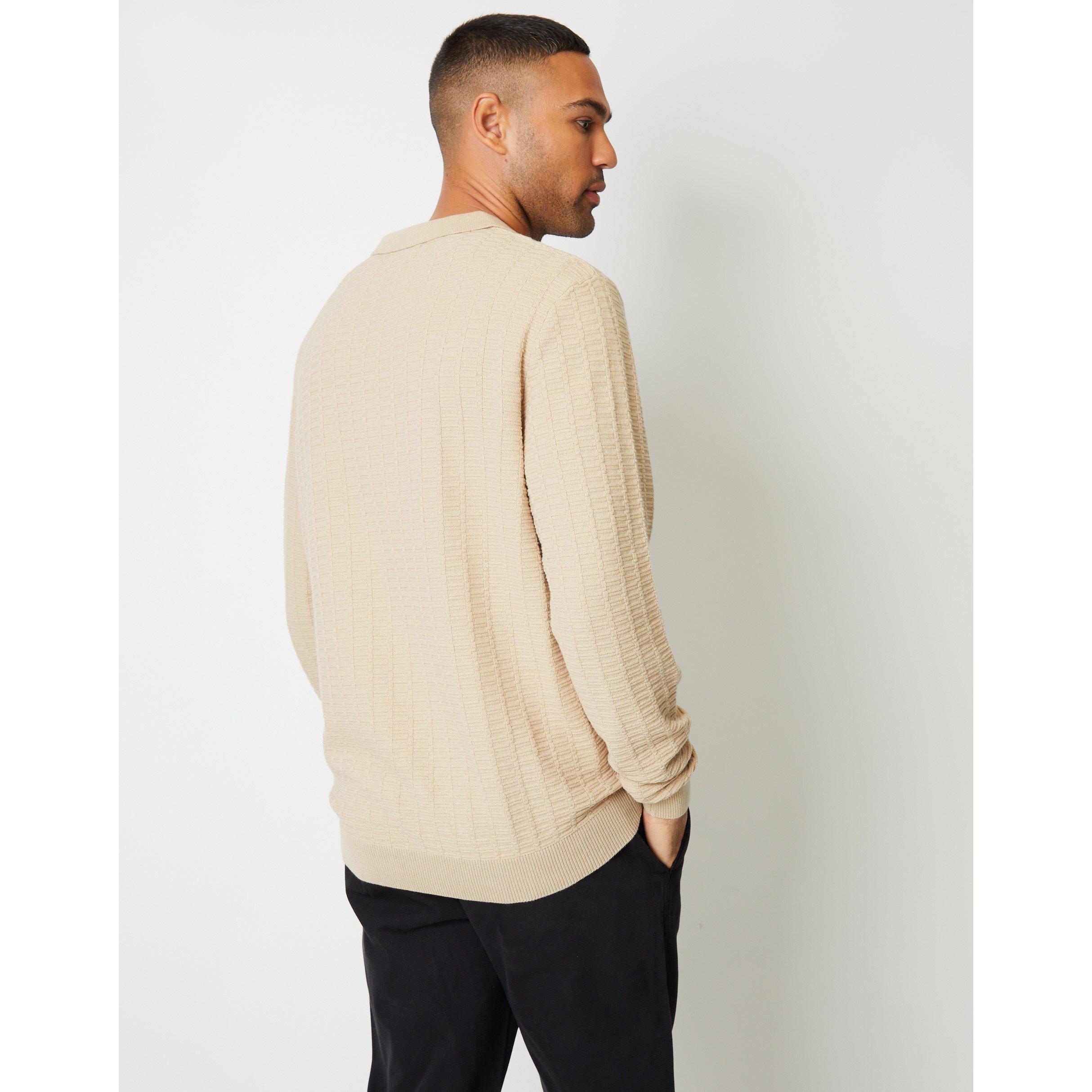 Threadbare TB Long Sleeve Textured Knitted Polo Jumper Mens