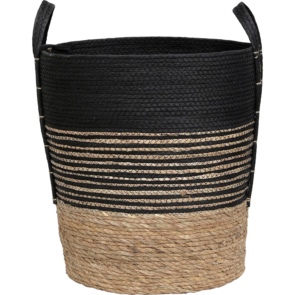 Panier à linge avec anses roseau tressé noire rayée 45x47x45cm