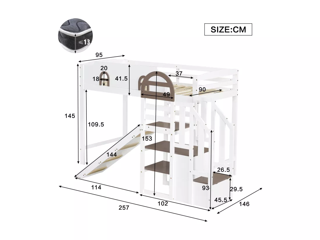 Lit mezzanine pour enfant - 90 x 200 cm - avec toboggan et fenêtre - 2 rangements dans l'escalier - pin+MDF - blanc+marron