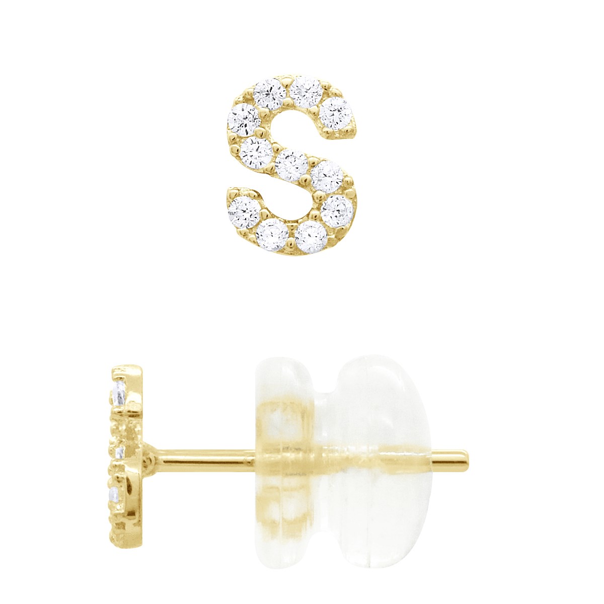 Boucles d'Oreilles Puces - Initiale Lettre S Serties d'Oxydes de Zirconiums - Or Jaune