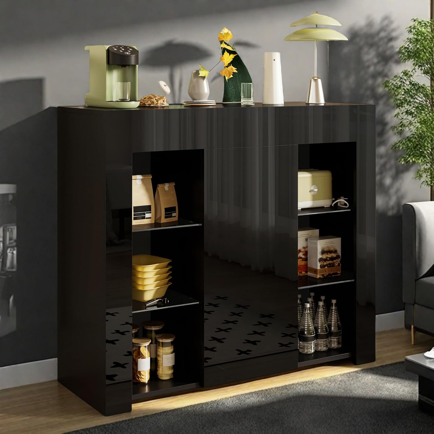 Sideboard mit Türen, Küchenschrank mit Glasböden und Trennwände, Modernes Kommode mit Stauraum, für Küche, Wohnzimmer & Esszimmer, Griffloses Design, 95x35x83cm, Schwarz