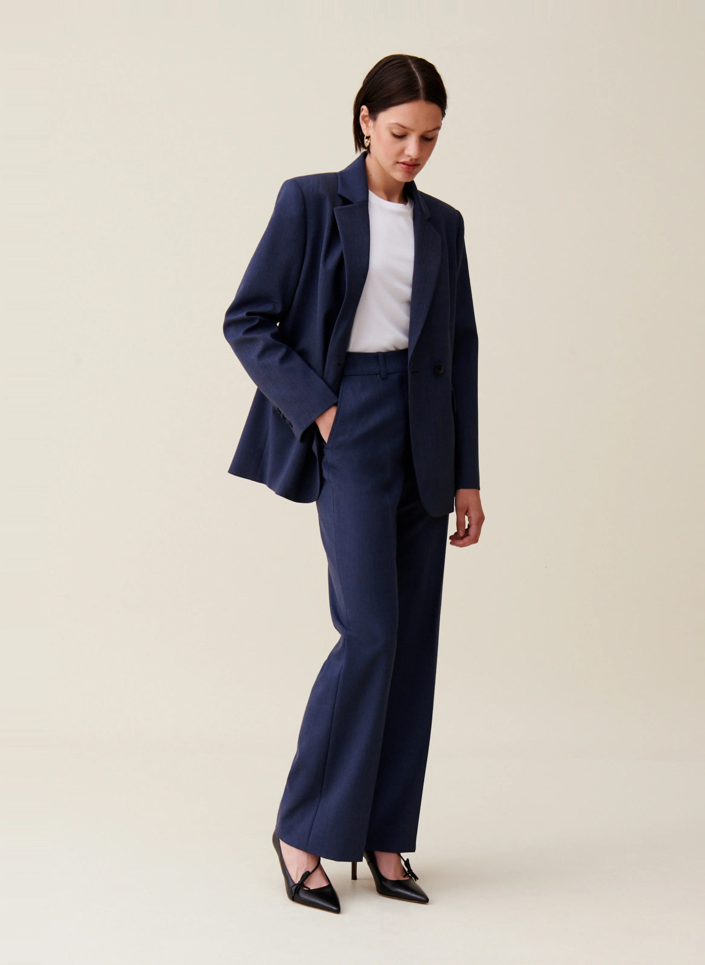 Veste de tailleur droite en laine mélangée | Bleu