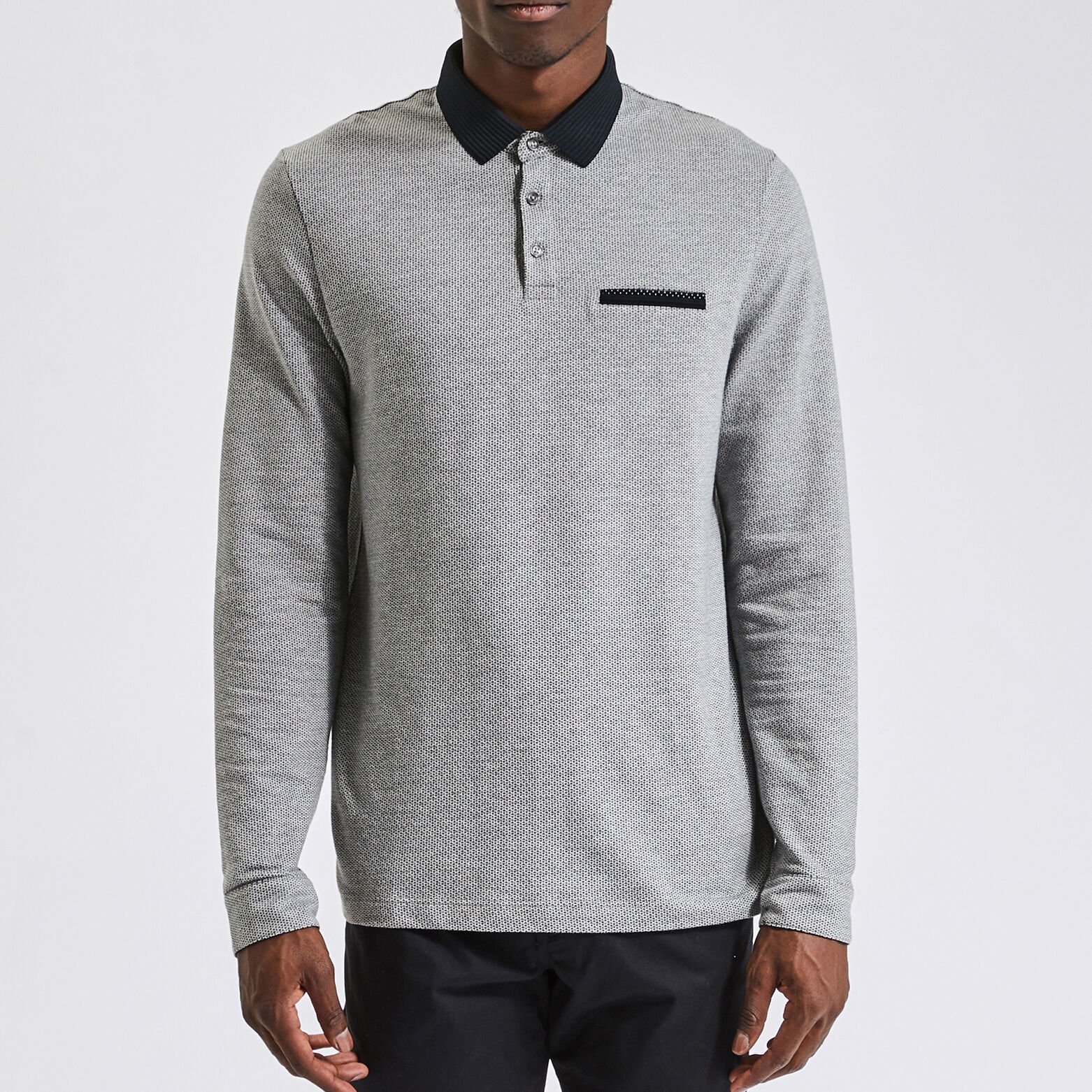 Polo manches longues jacquard à col fantaisie Gris moyen