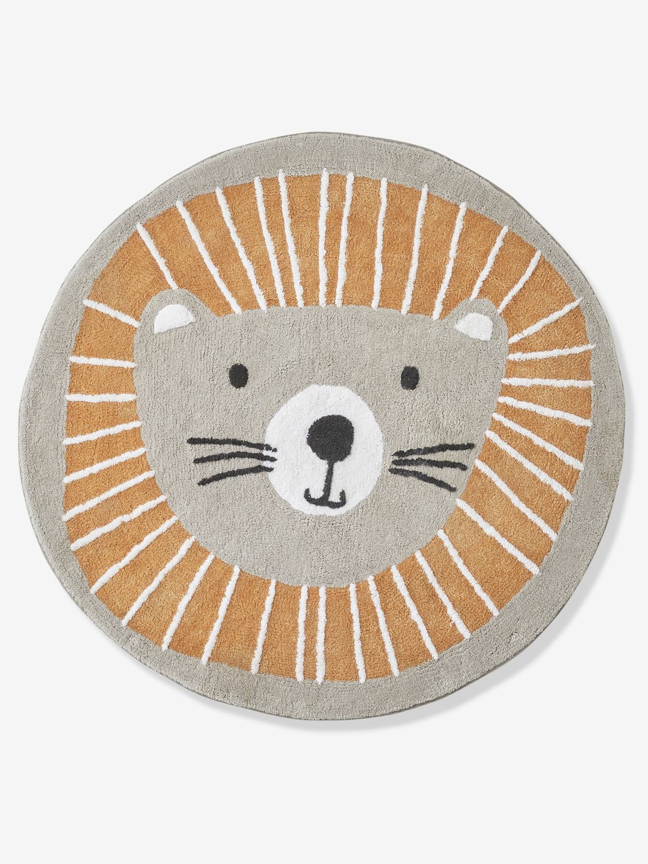 Tapete redondo lavável, modelo Lion, liso em cinza médio com estampas.