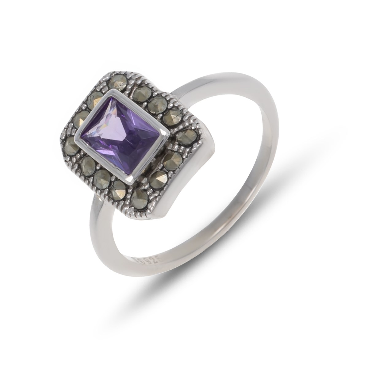 Bague argent rhodié améthyste synthétique forme carrée