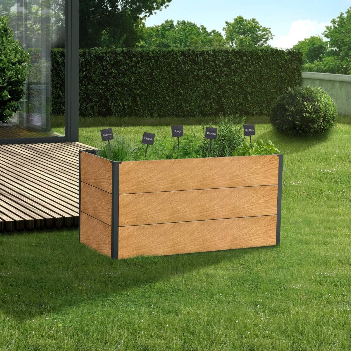Metzler Hochbeet für den Garten – Stahl in Holzoptik & Anthrazit | Witterungsbeständiges Metall-Gartenbeet, Pflanzenbeet, Blumenhochbeet | 150 x 75 x 77 cm