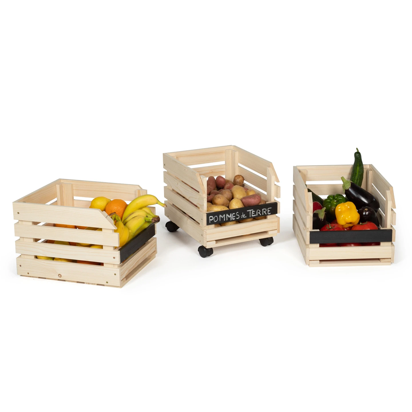 Lot de 3 clayettes en bois empilables pour fruits et légumes
