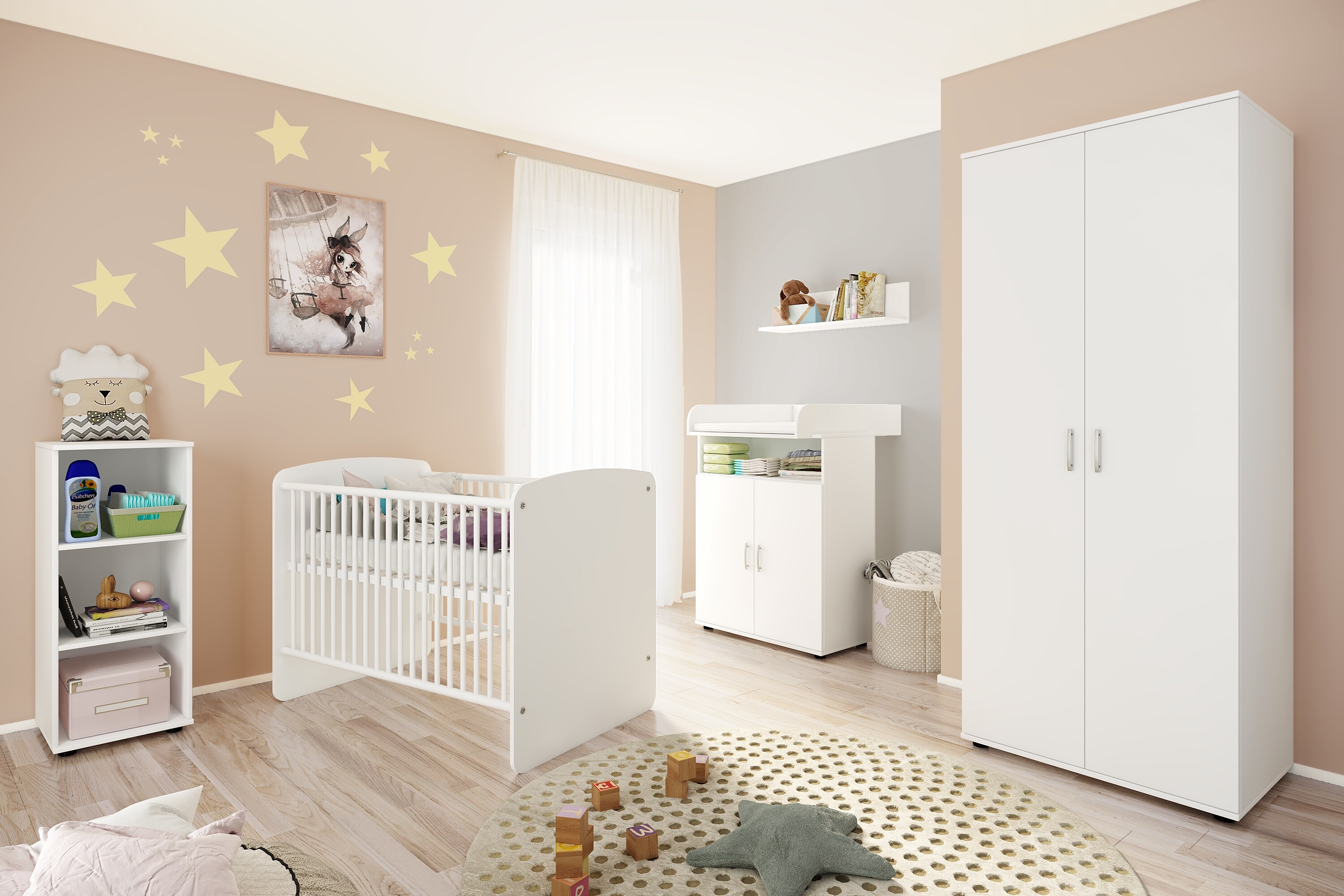 nonjoo. Babyzimmer Lunis Set 4: best. aus Babybett, Kommode, Wickelaufsatz, Wandboard, Regal mit 3 Fächern und Kleiderschrank 2-trg.