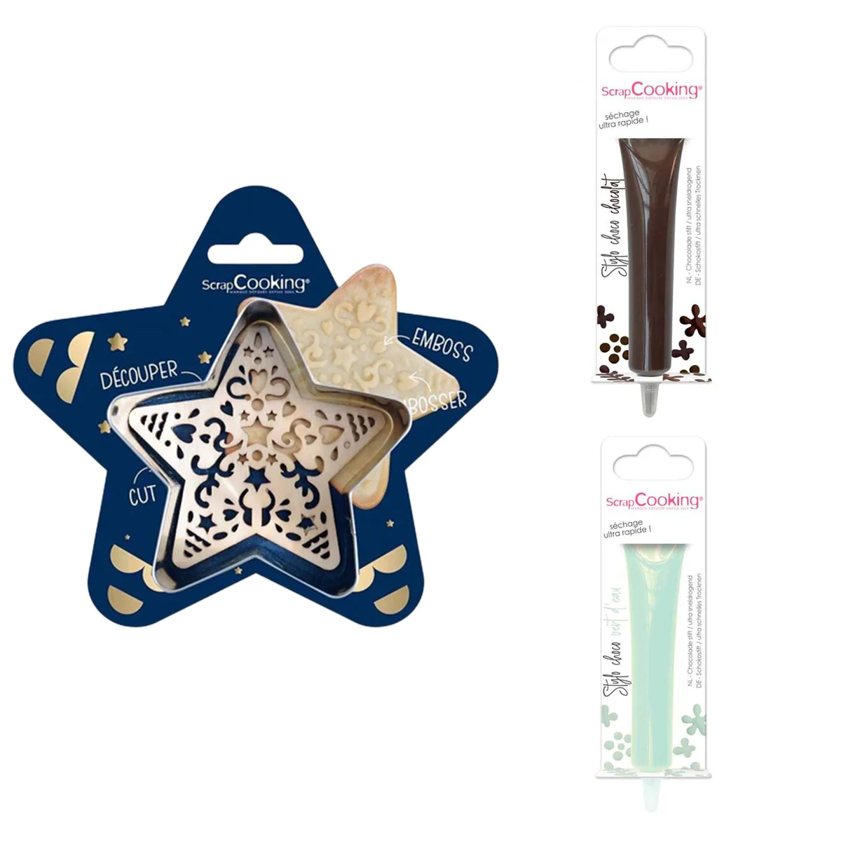 Kit pour biscuit en relief Étoile + 2 Stylos au chocolat marron et ver