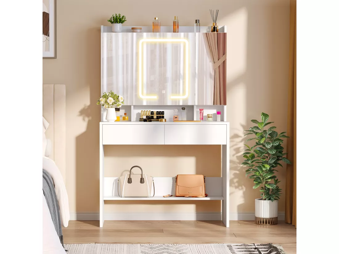 YITAHOME Coiffeuse avec Miroir LED à Luminosité Réglable - Coiffeuse avec 5 Étagères et 2 Tiroir set de Rangement - Blanc