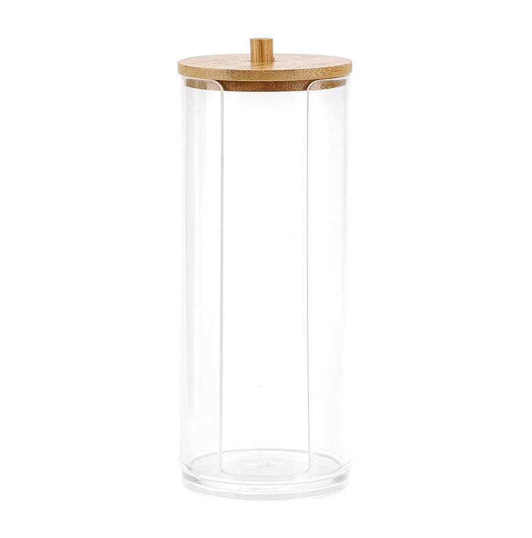 (18x7cm) Wattepad Spender Beauty Make Up Organizer Aufbewahrungsbox mit Bambus Deckel - Transparent