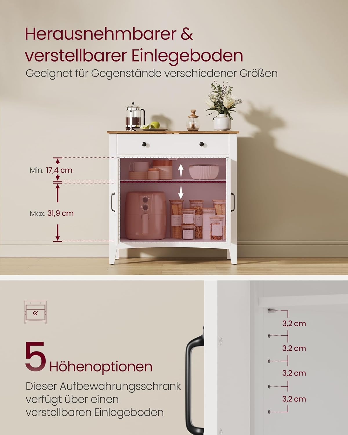VASAGLE Küchenschrank, Sideboard mit Schubladen, Aufbewahrungsschrank mit Türen, verstellbare Ablage, Landhausstil, für Wohnzimmer Küche, 40 x 80 x 80 cm, wolkenweiß-honigbraun BBK341W02