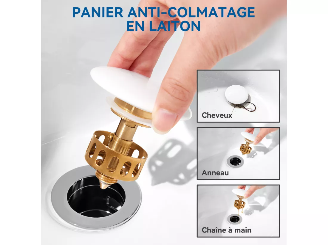 Auralum max Bonde Lavabo avec Trop Plein,Bonde Lavabo Salle Bain avec Couvercle Céramique,avec Filtre Anti-Clogging,Universelle Standard-G 1 ¼, Blanc