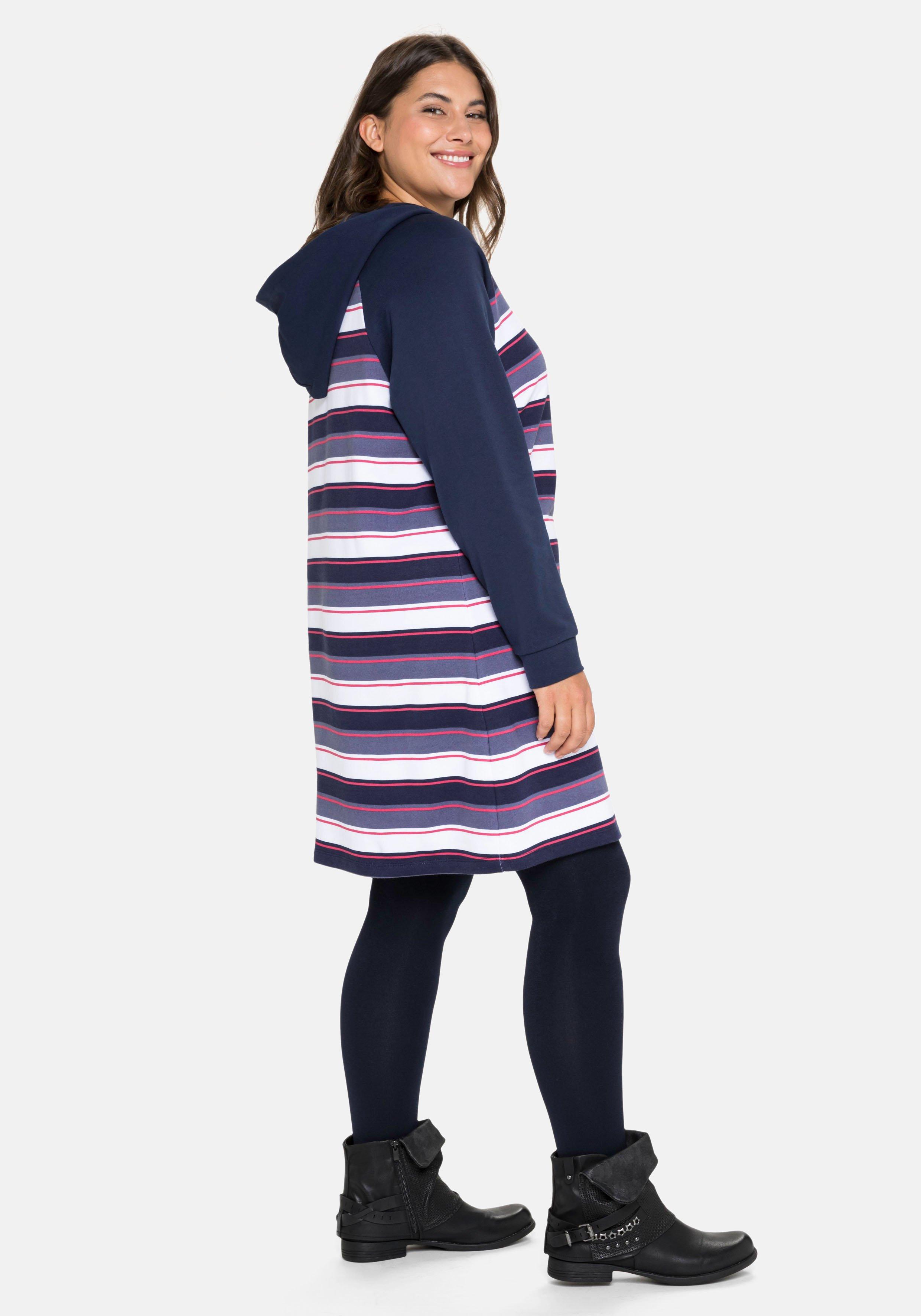 Sweatkleid mit Ringeln, Kapuze und Reißverschluss