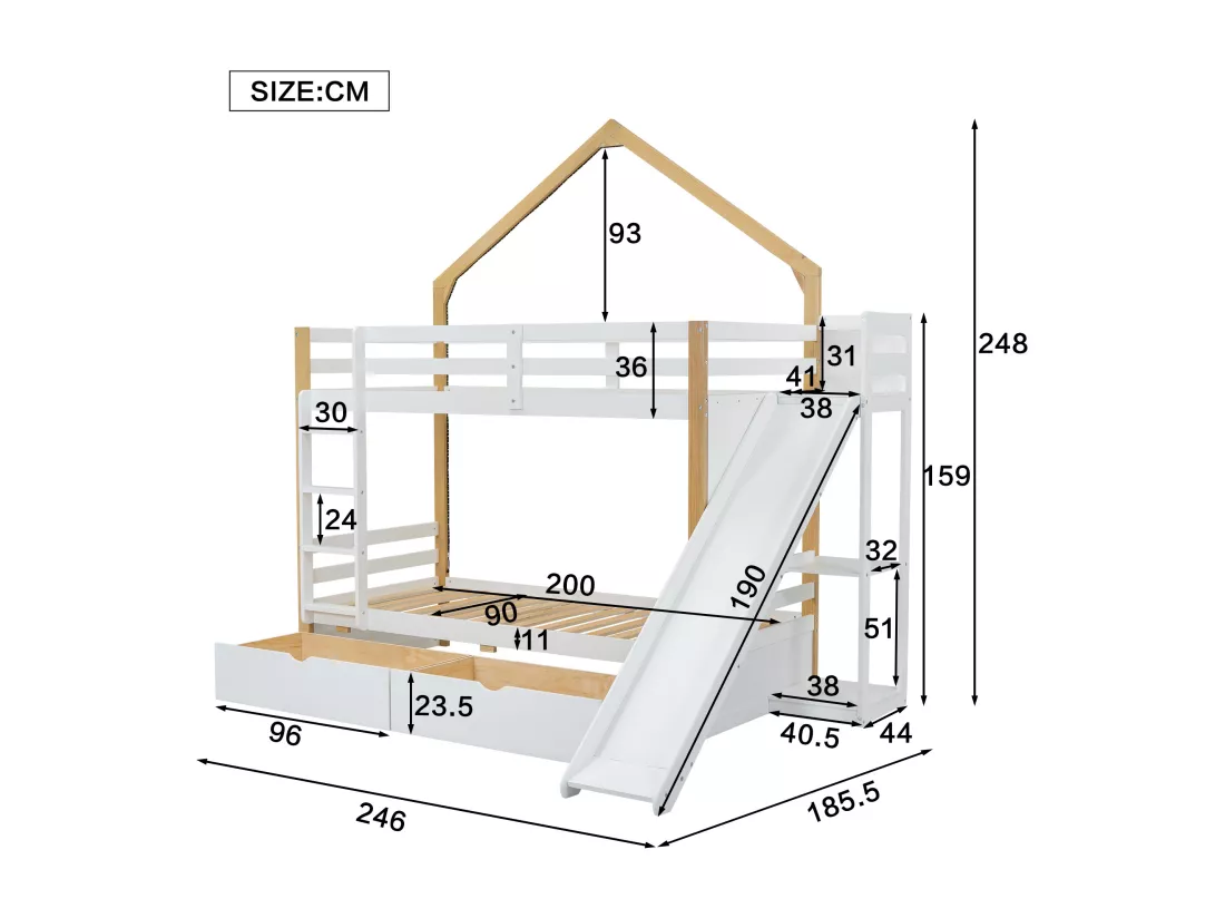 Lit superposé 2 x 90 x 200 cm avec 2 tiroirs, toboggan etétagères de rangement - pin + MDF - blanc+naturel (sans matelas)