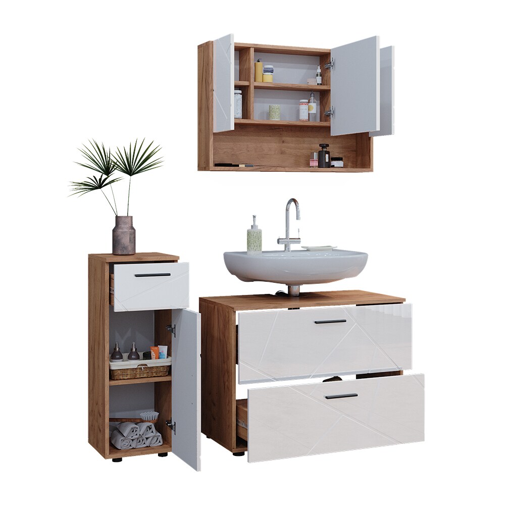 Vicco Badmöbelset Irma Eiche Weiß Hochglanz modern 80 cm 30 cm Badezimmerschrank Badschrank Badezimmermöbel Waschtischunterschrank Spiegelschrank Midischrank Schranktür Schrankfach Schrankschublade
