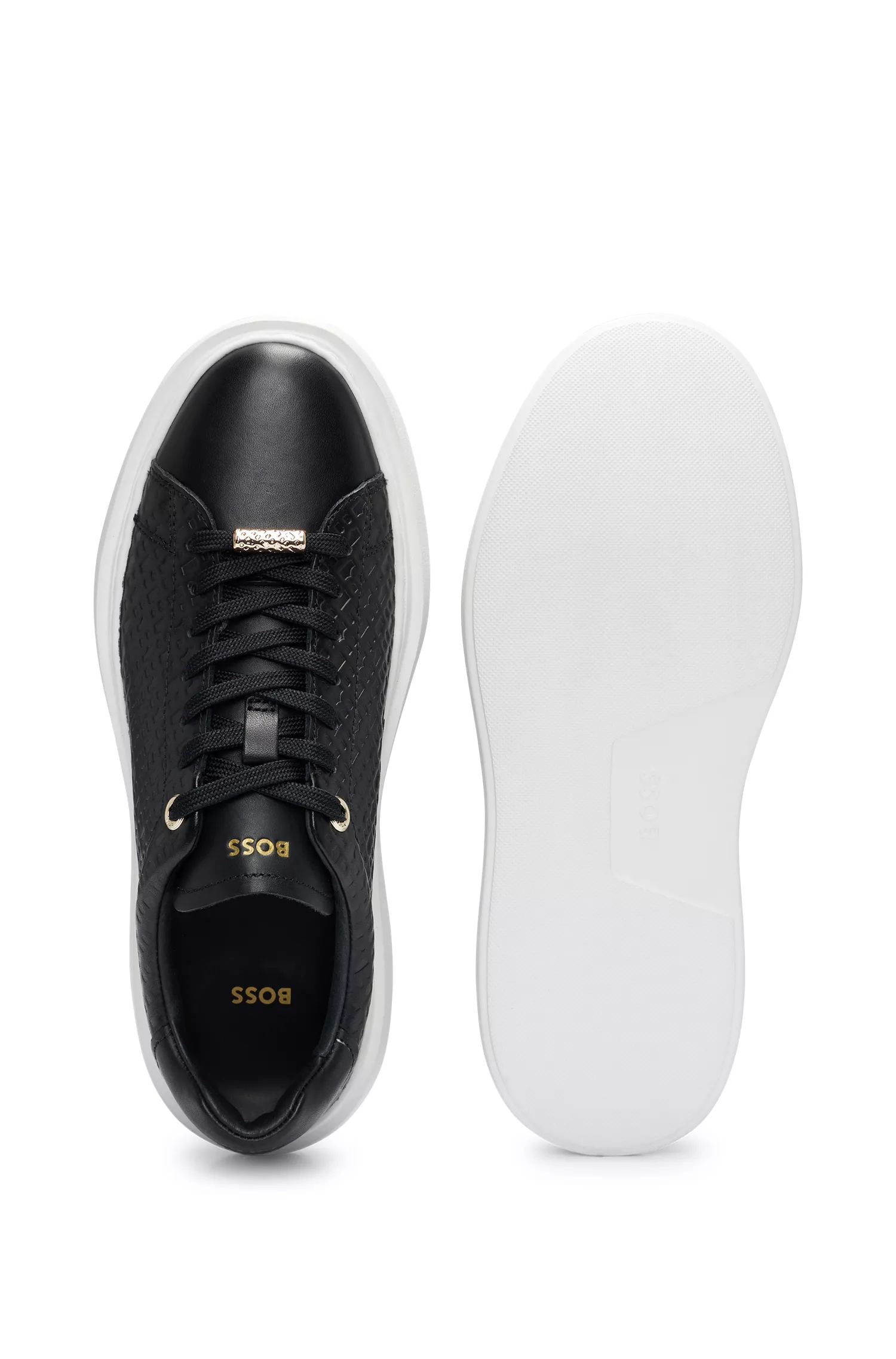Tênis BOSS Black-Cupsole em couro com monogramas em relevo.