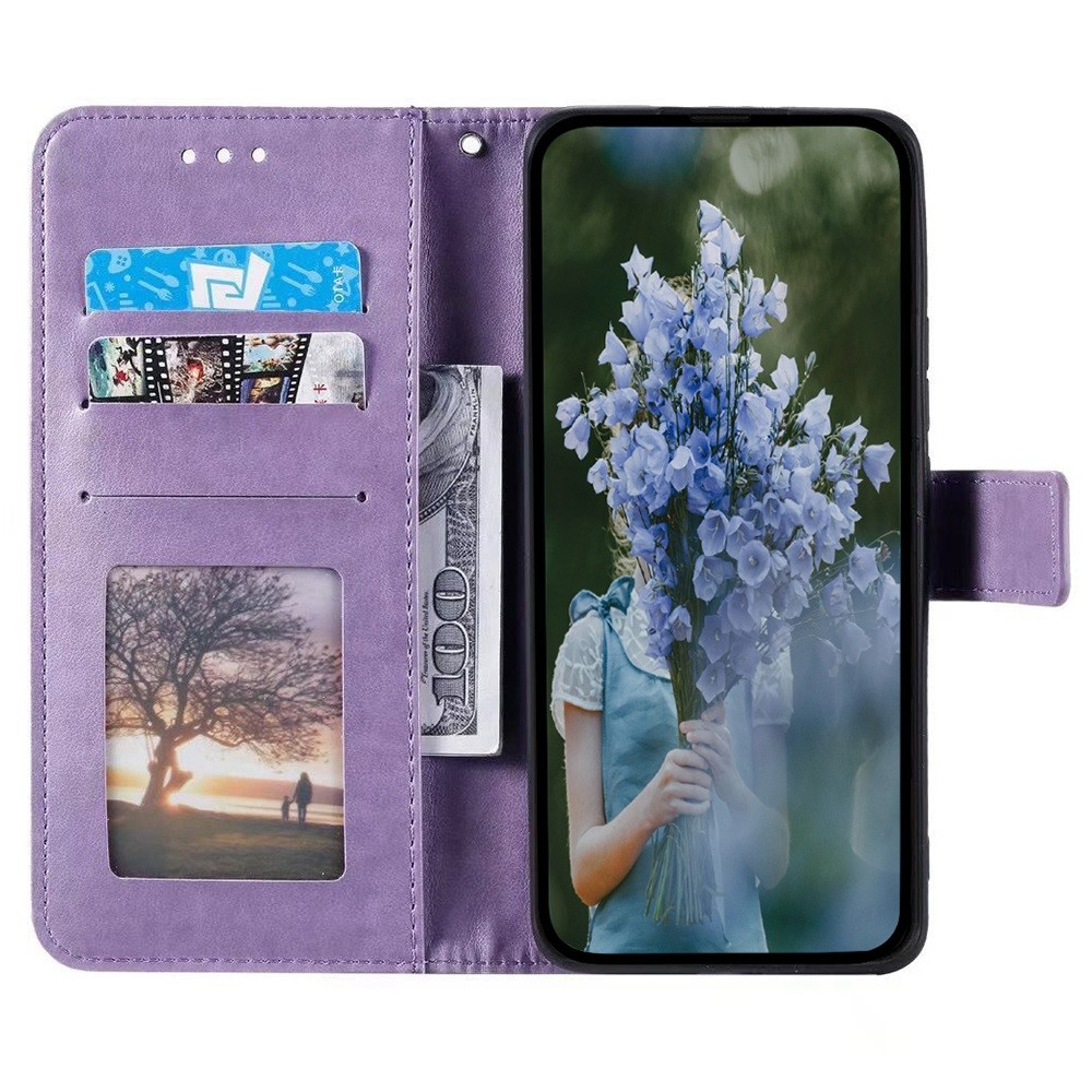 iPhone 14 Pro Leder Tasche Wallet - Mandala Flowers Imprint - Lila