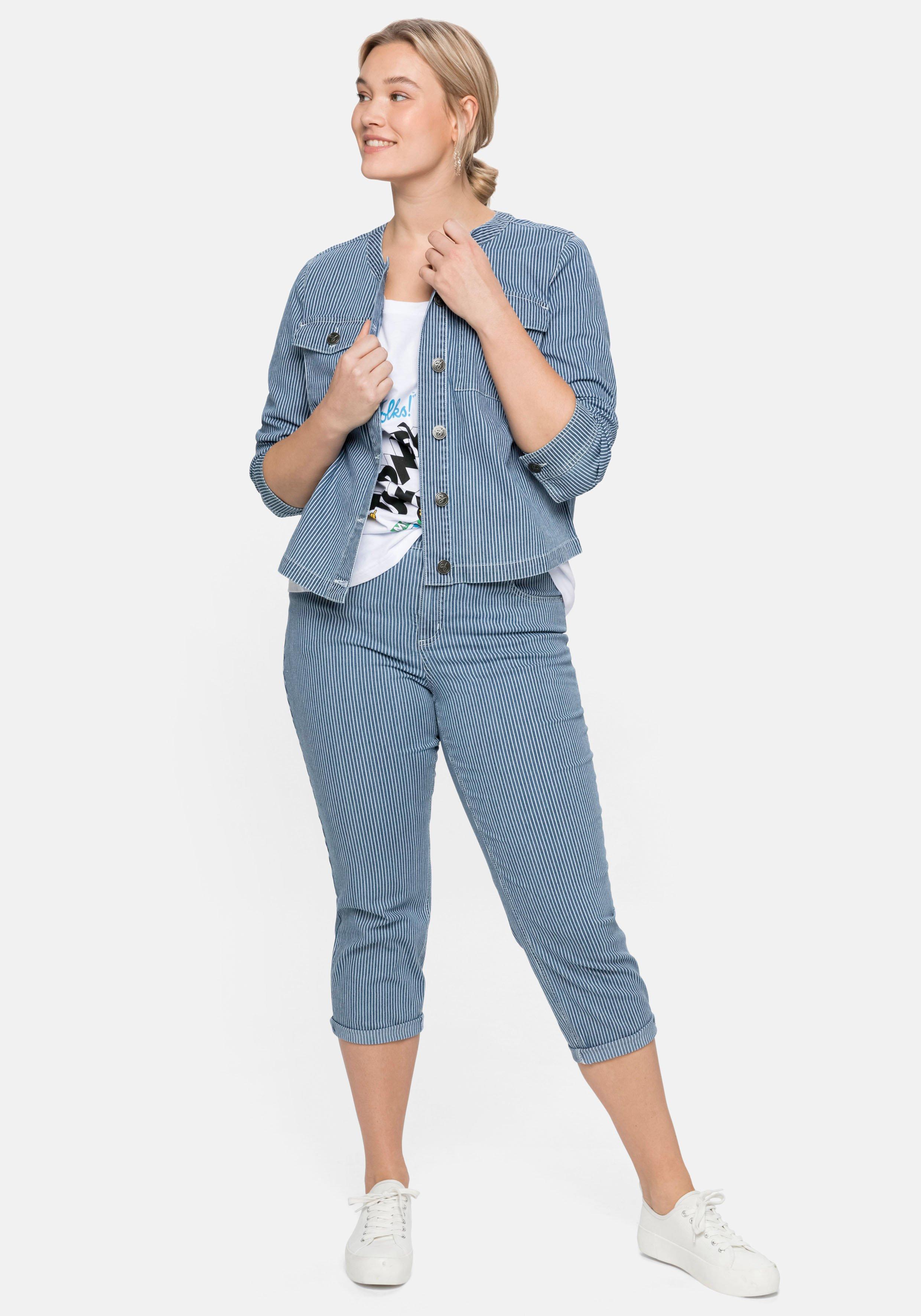 Jeansjacke mit Streifen,  in kragenloser Form